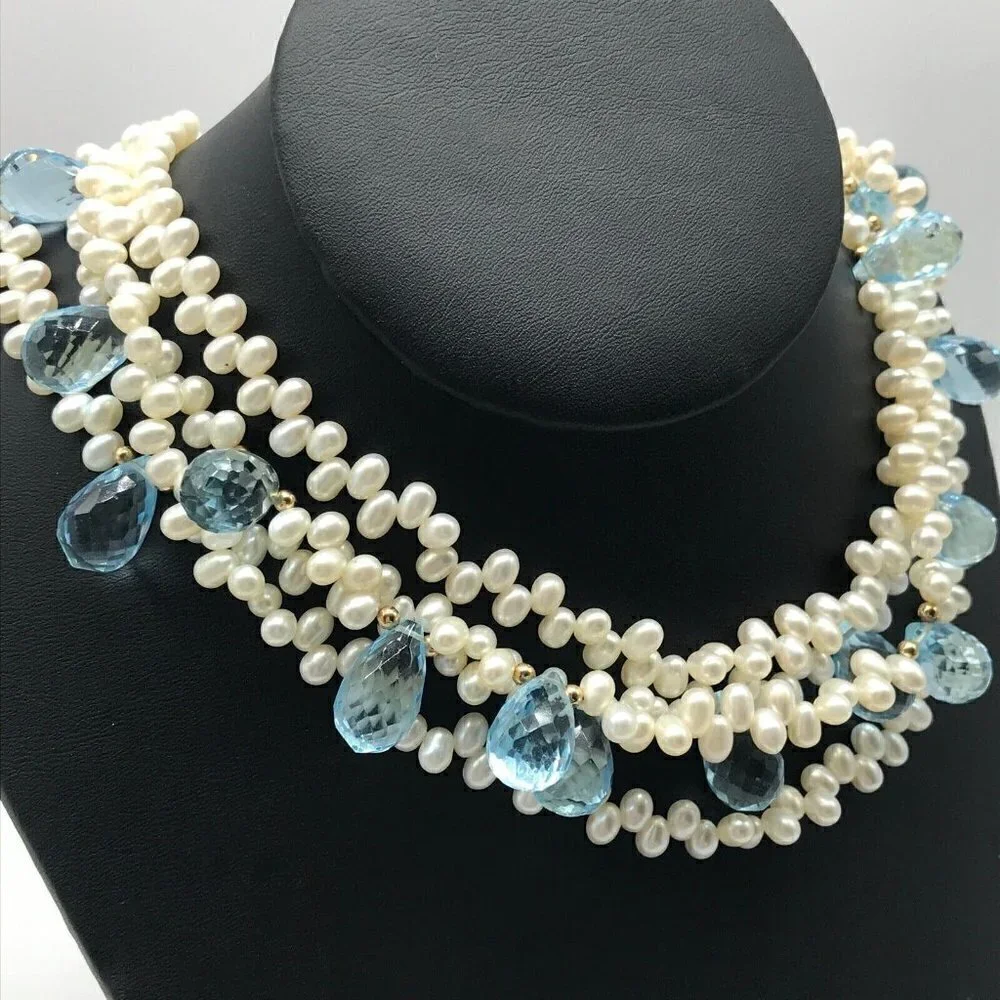 Genuine Multi-Strand Real Pearl Blue Faceted Crystal 14k Solid Gold Necklace